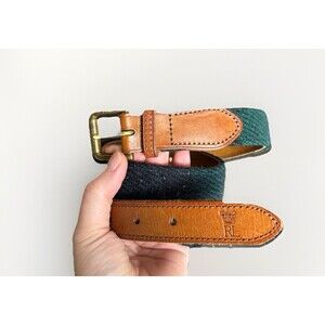 Polo Ralph Lauren Brown Leather Wool Black Watch Plaid Belt Brass Buckle Size 38
